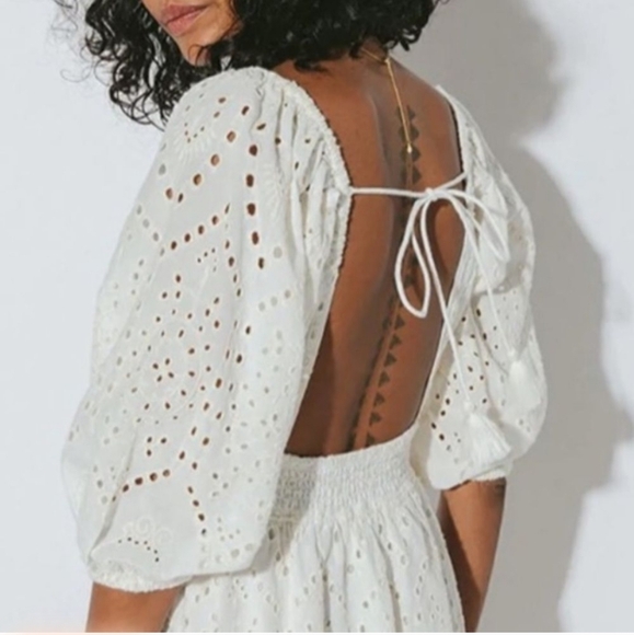 CleoBella Aria Mini Dress White Small Long Sleeve Embroidered Eyelet Tasseled - Picture 7 of 7
